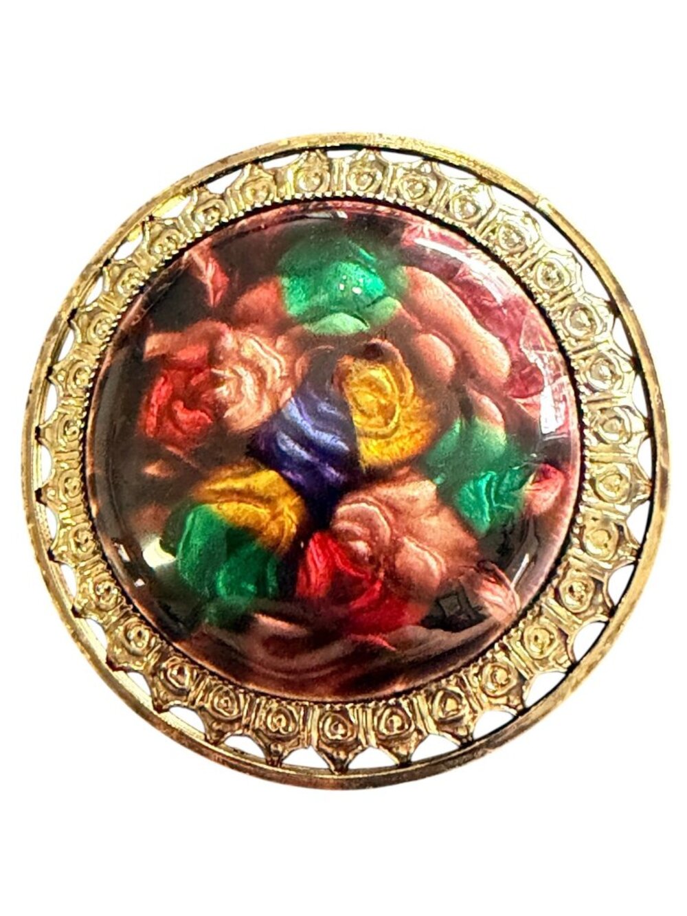 Vintage Reverse Carved Lucite Brooch Gold Tone Floral Pin 1950s New Old Stock